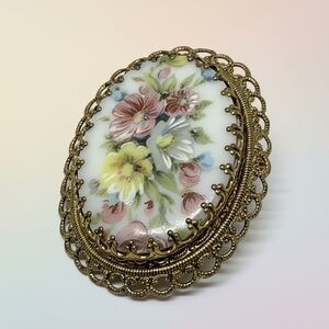 Vintage W Germany Hand Painted Floral Porcelain Brooch Gold Tone Filigree Oval